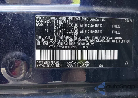 2020 Toyota Rav4 Xle из США, поврежденный, VIN 2T3P1RFV2LW103696